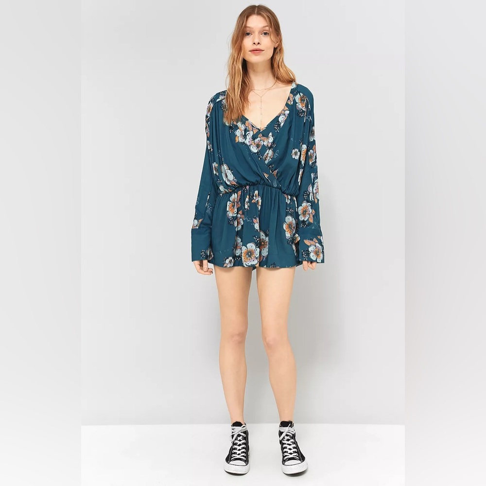 Free People Tuscan Dream Floral Tunic Dress V neck Blouse Teal Long Sleeve Femme